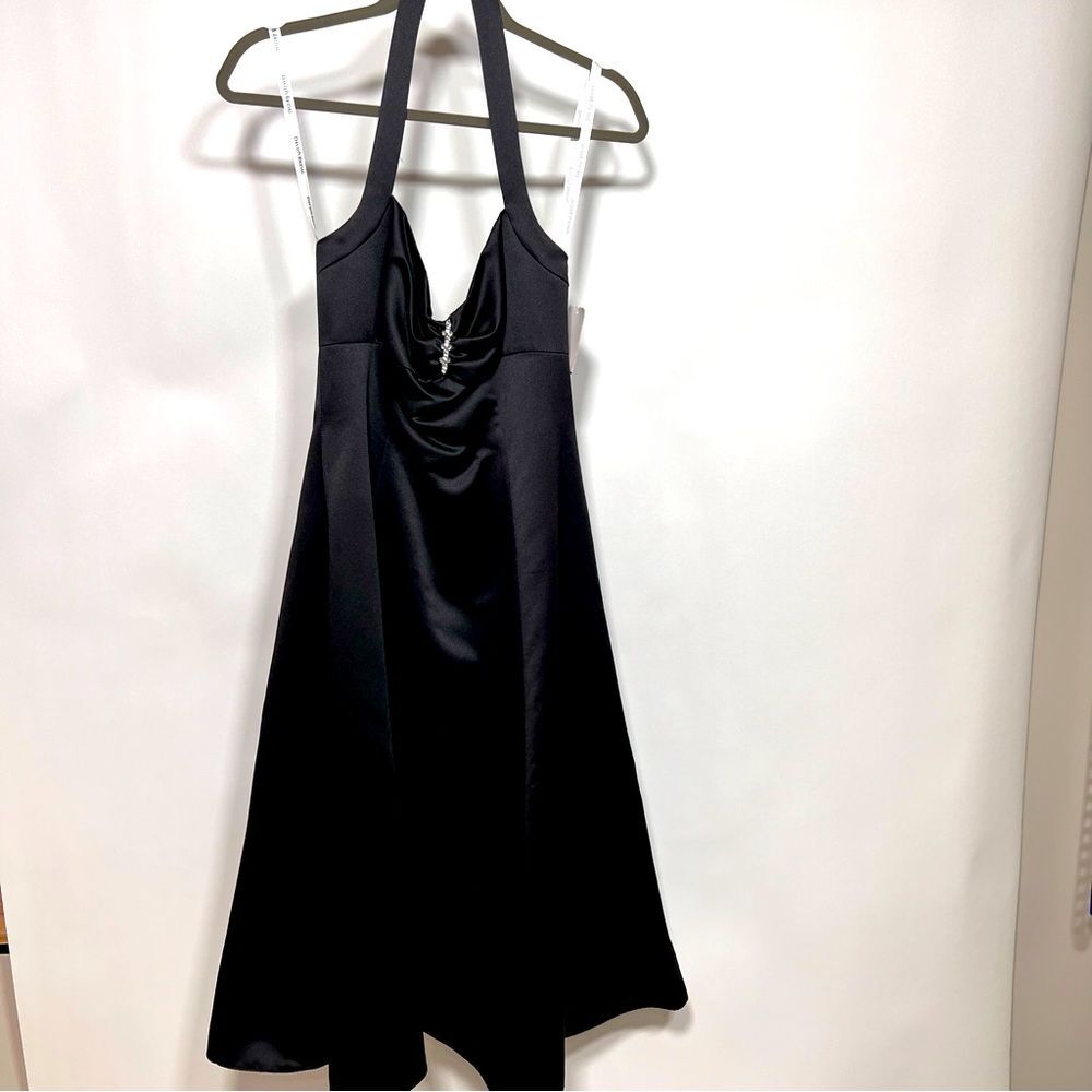 NWT David’s Bridal black satin halter midi bridesmaid dress